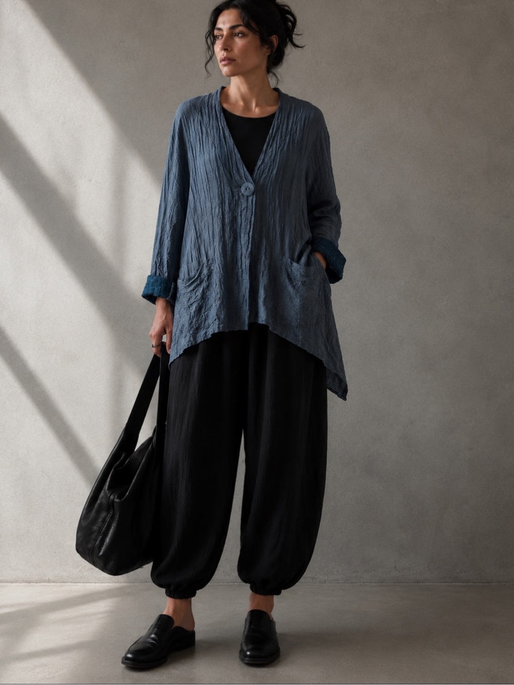 GRIZAS Linen Silk Oversized Lagenlook Asymmetric Crinkle Jacket Steel Blue M
